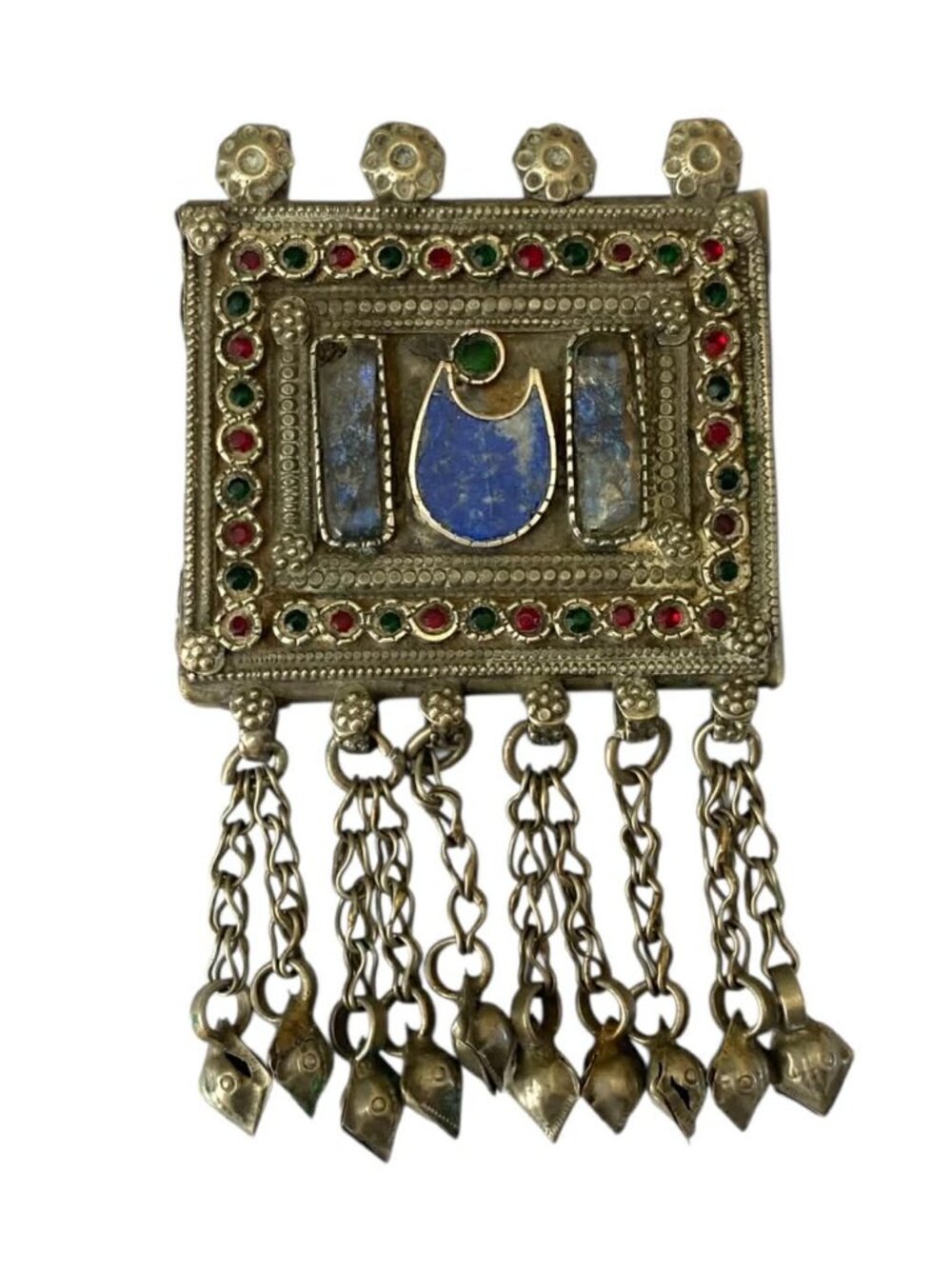 Vintage Kuchi Tribal Pendant Afghanistan Stones Glass Red Blue Green